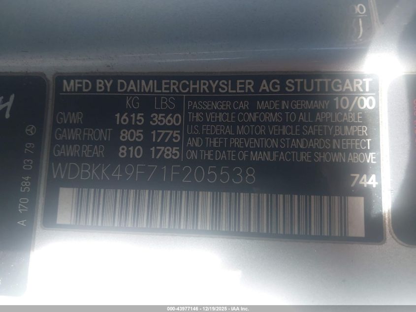 2001 Mercedes-Benz Slk 230 Kompressor VIN: WDBKK49F71F205538 Lot: 43977146