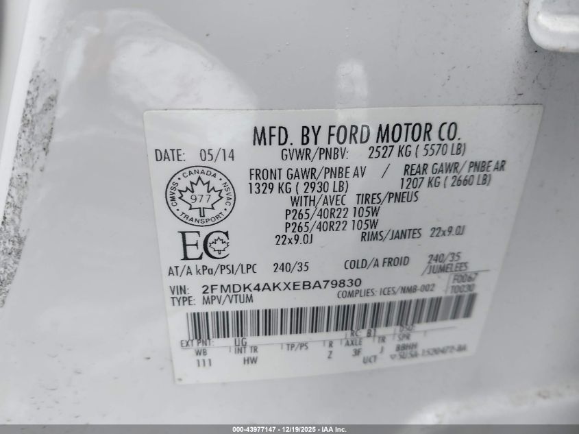 2014 Ford Edge Sport VIN: 2FMDK4AKXEBA79830 Lot: 43977147