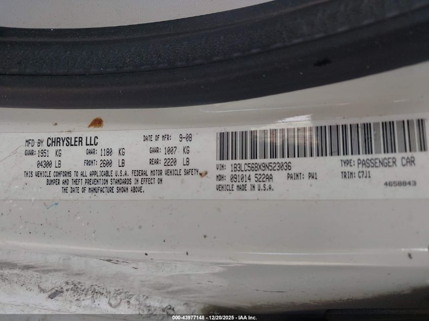 2009 Dodge Avenger R/T VIN: 1B3LC56BX9N523036 Lot: 43977148