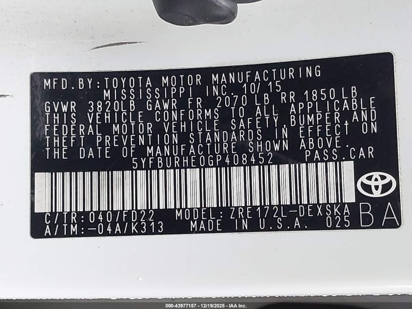 2016 Toyota Corolla S Plus VIN: 5YFBURHE0GP408452 Lot: 43977157