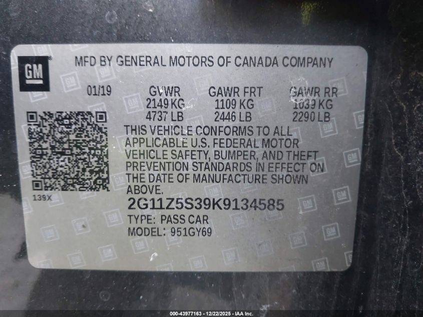 2019 Chevrolet Impala Lt VIN: 2G11Z5S39K9134585 Lot: 43977163