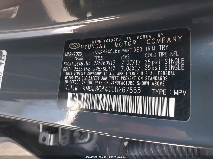 2020 Hyundai Tucson Value VIN: KM8J3CA41LU267655 Lot: 43977165