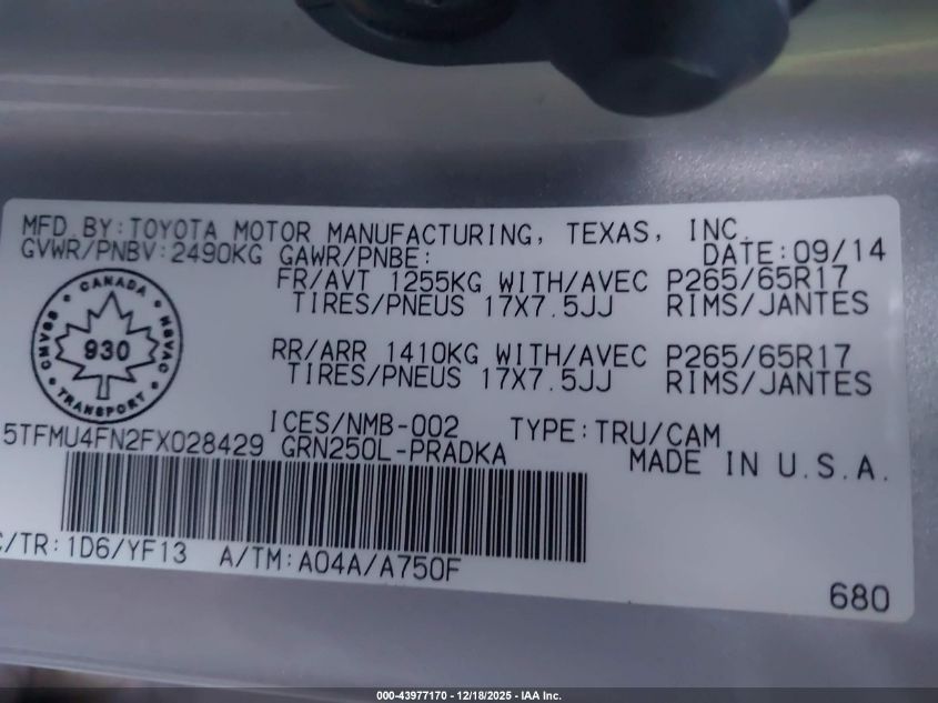 2015 Toyota Tacoma V6 VIN: 5TFMU4FN2FX028429 Lot: 43977170