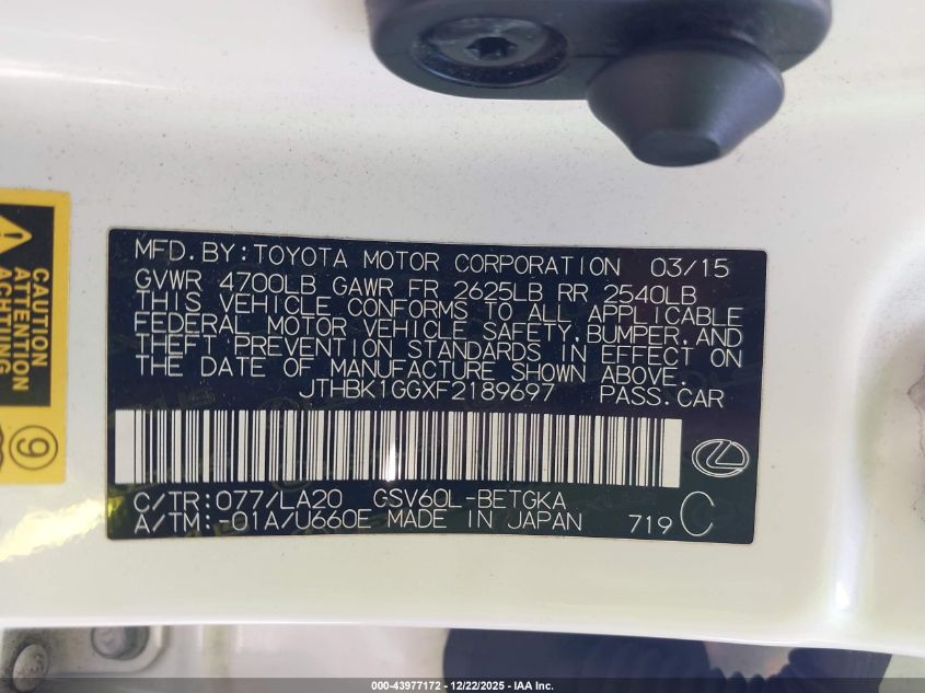 2015 Lexus Es 350 VIN: JTHBK1GGXF2189697 Lot: 43977172