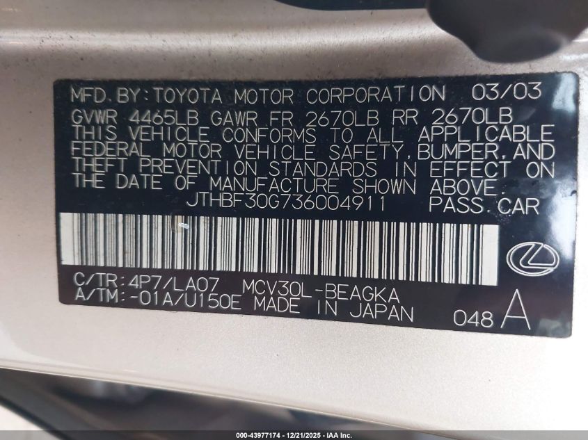 2003 Lexus Es 300 VIN: JTHBF30G736004911 Lot: 43977174