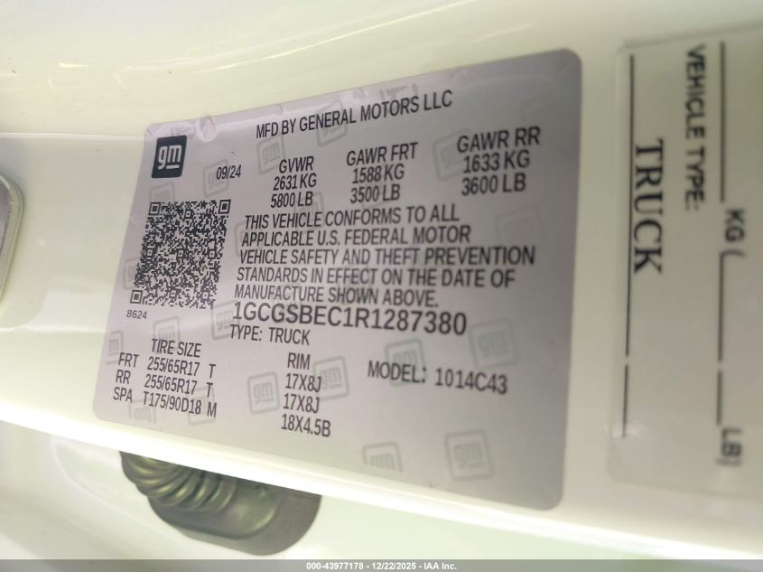 2024 Chevrolet Colorado 2Wd Wt VIN: 1GCGSBEC1R1287380 Lot: 43977178
