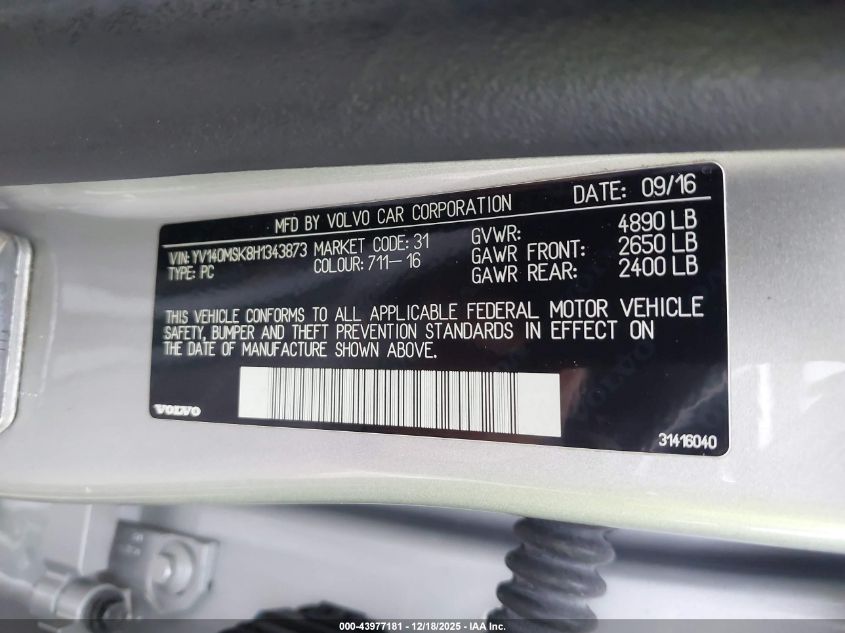 2017 Volvo V60 T5 Premier VIN: YV140MSK8H1343873 Lot: 43977181
