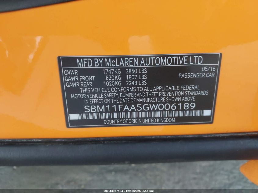 2016 Mclaren 650S VIN: SBM11FAA5GW006189 Lot: 43977184