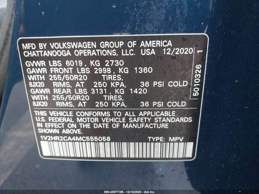 2021 Volkswagen Atlas 3.6L V6 Se W/Technology VIN: 1V2HR2CA4MC555058 Lot: 43977186