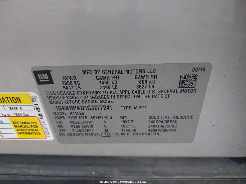 2016 GMC Acadia Sle-2 VIN: 1GKKRPKD1GJ277241 Lot: 43977195