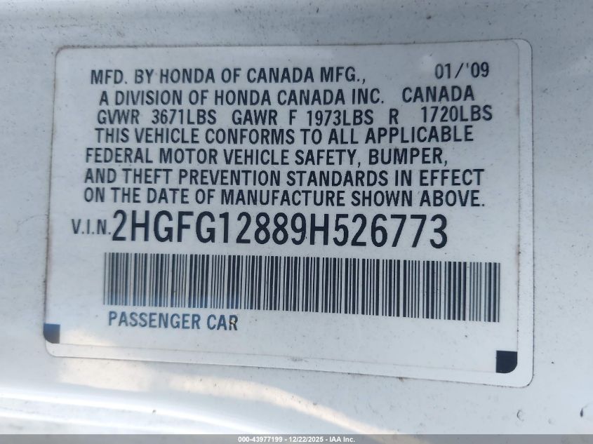 2009 Honda Civic Ex VIN: 2HGFG12889H526773 Lot: 43977199