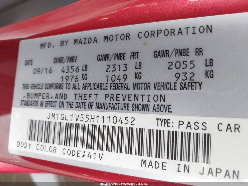 2017 Mazda Mazda6 Touring VIN: JM1GL1V55H1110452 Lot: 43977200