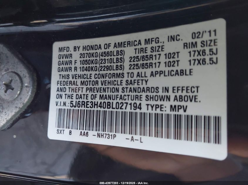 2011 Honda Cr-V Se VIN: 5J6RE3H40BL027194 Lot: 43977203