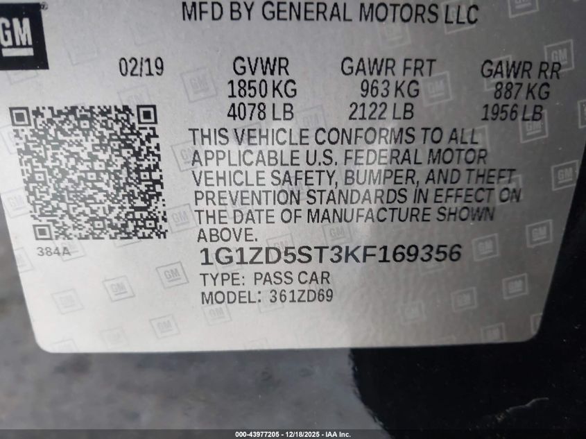 2019 Chevrolet Malibu Lt VIN: 1G1ZD5ST3KF169356 Lot: 43977205