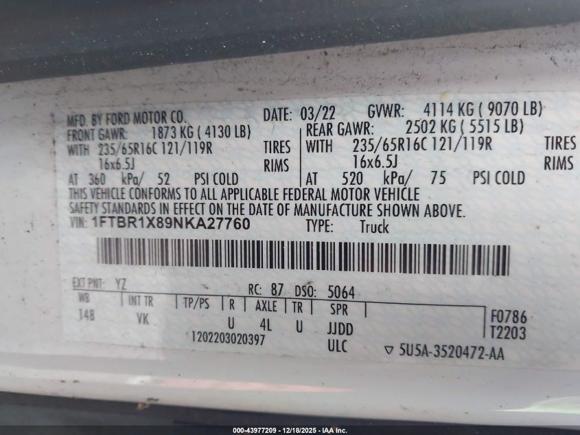 2022 Ford Transit-250 VIN: 1FTBR1X89NKA27760 Lot: 43977209