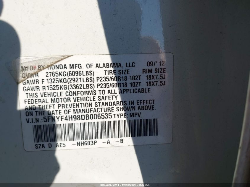 2013 Honda Pilot Touring VIN: 5FNYF4H98DB006535 Lot: 43977211