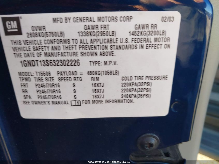 2003 Chevrolet Trailblazer Lt VIN: 1GNDT13S632302226 Lot: 43977213