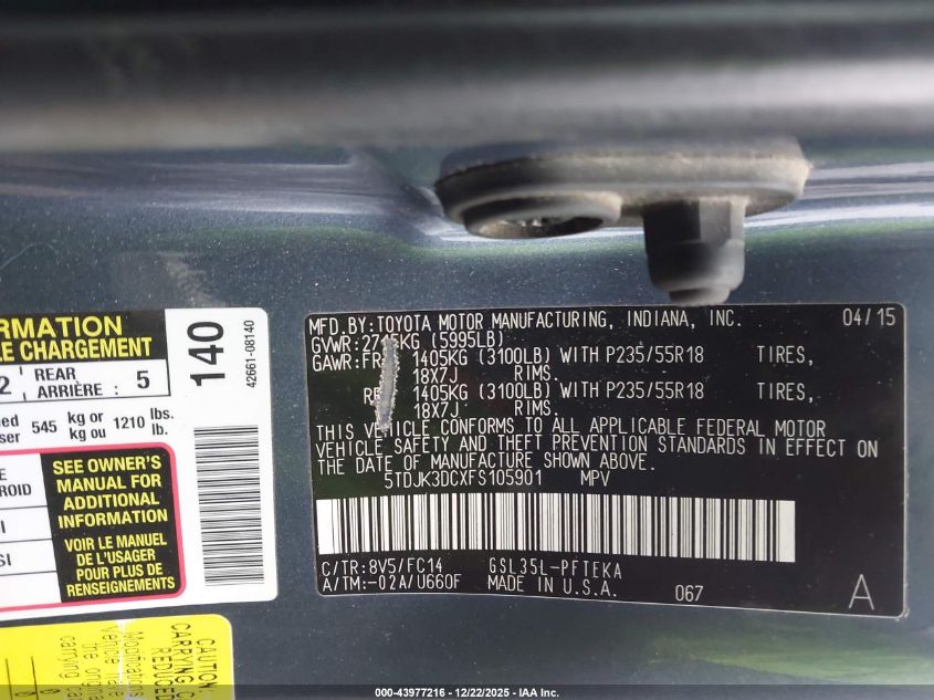 2015 Toyota Sienna Le 7 Passenger VIN: 5TDJK3DCXFS105901 Lot: 43977216