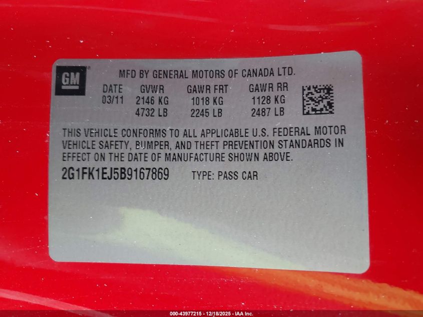 2011 Chevrolet Camaro 2Ss VIN: 2G1FK1EJ5B9167869 Lot: 43977215