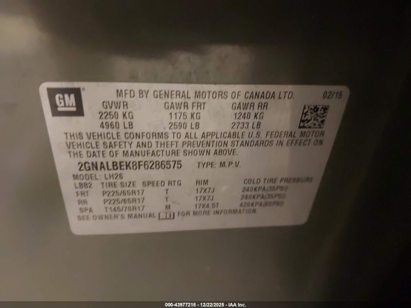 2015 Chevrolet Equinox 1Lt VIN: 2GNALBEK8F6286575 Lot: 43977218