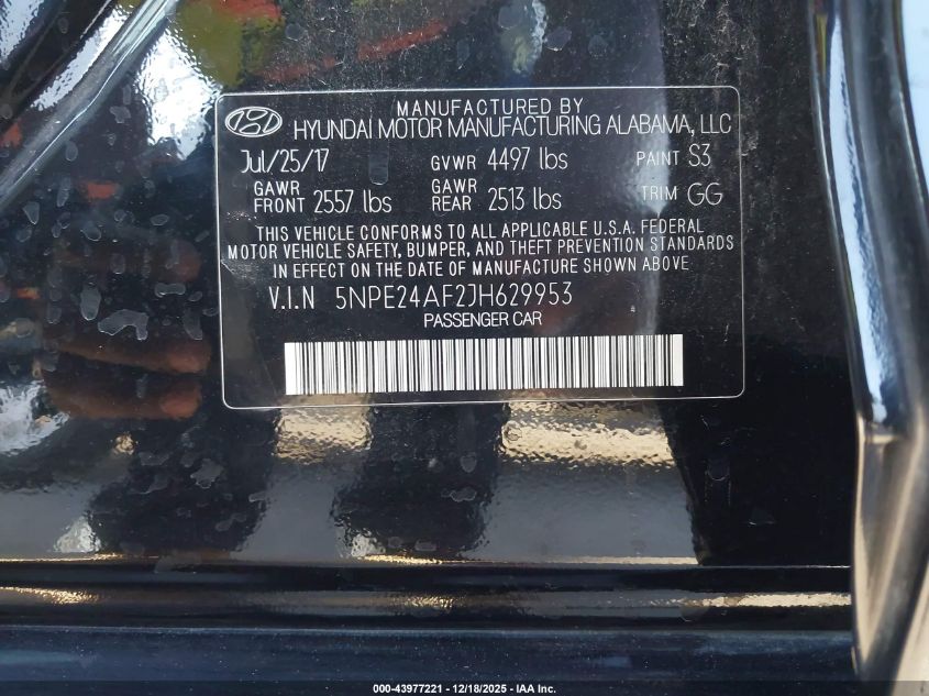 2018 Hyundai Sonata Se VIN: 5NPE24AF2JH629953 Lot: 43977221