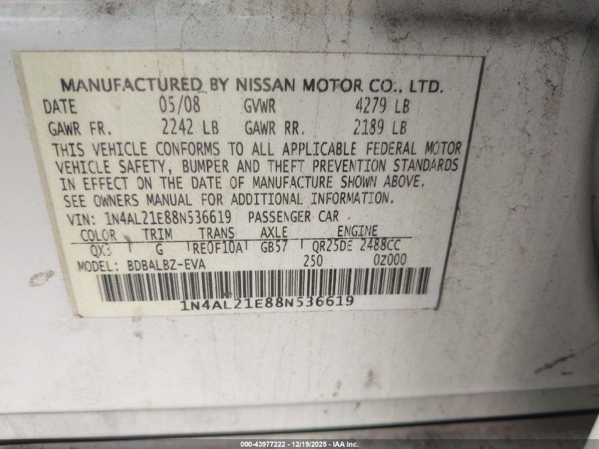 2008 Nissan Altima 2.5 S VIN: 1N4AL21E88N536619 Lot: 43977222