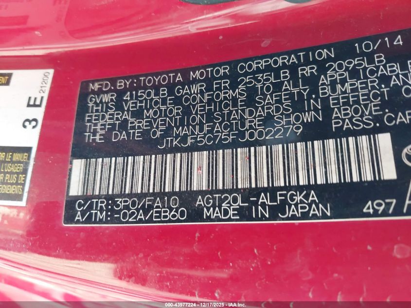 2015 Scion Tc VIN: JTKJF5C75FJ002279 Lot: 43977224