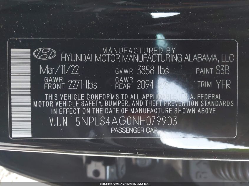 2022 Hyundai Elantra Sel VIN: 5NPLS4AG0NH079903 Lot: 43977229