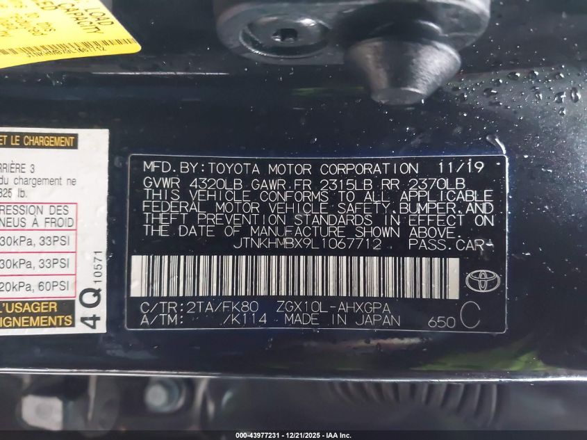 2020 Toyota C-Hr Xle VIN: JTNKHMBX9L1067712 Lot: 43977231