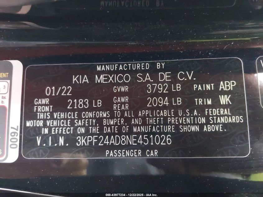 2022 Kia Forte Fe VIN: 3KPF24AD8NE451026 Lot: 43977234