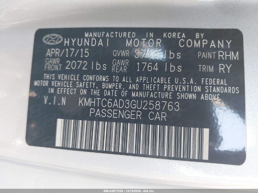 2016 Hyundai Veloster VIN: KMHTC6AD3GU258763 Lot: 43977235