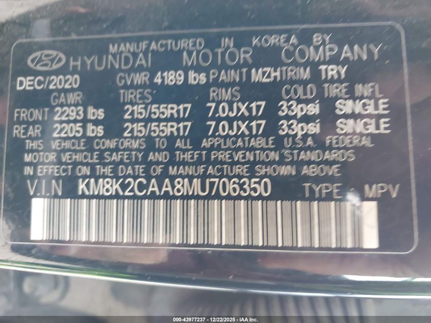 2021 Hyundai Kona Sel VIN: KM8K2CAA8MU706350 Lot: 43977237
