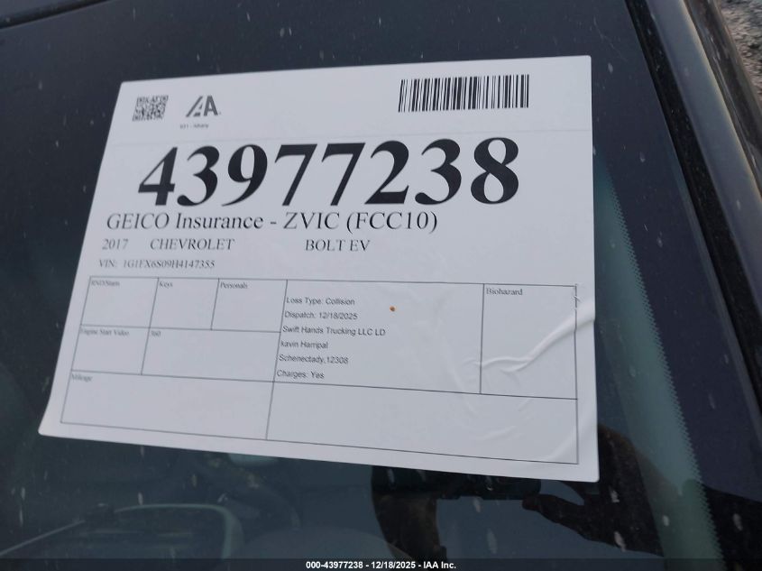 2017 Chevrolet Bolt Ev Premier VIN: 1G1FX6S09H4147355 Lot: 43977238