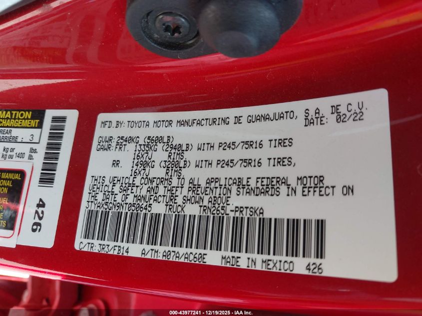 2022 Toyota Tacoma Sr VIN: 3TYAX5GN9NT050645 Lot: 43977241