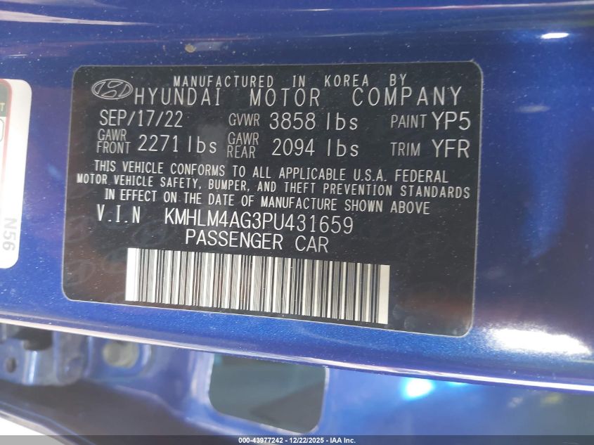 2023 Hyundai Elantra Sel VIN: KMHLM4AG3PU431659 Lot: 43977242