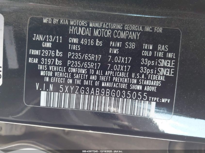 2011 Hyundai Santa Fe Gls VIN: 5XYZG3AB9BG035055 Lot: 43977245