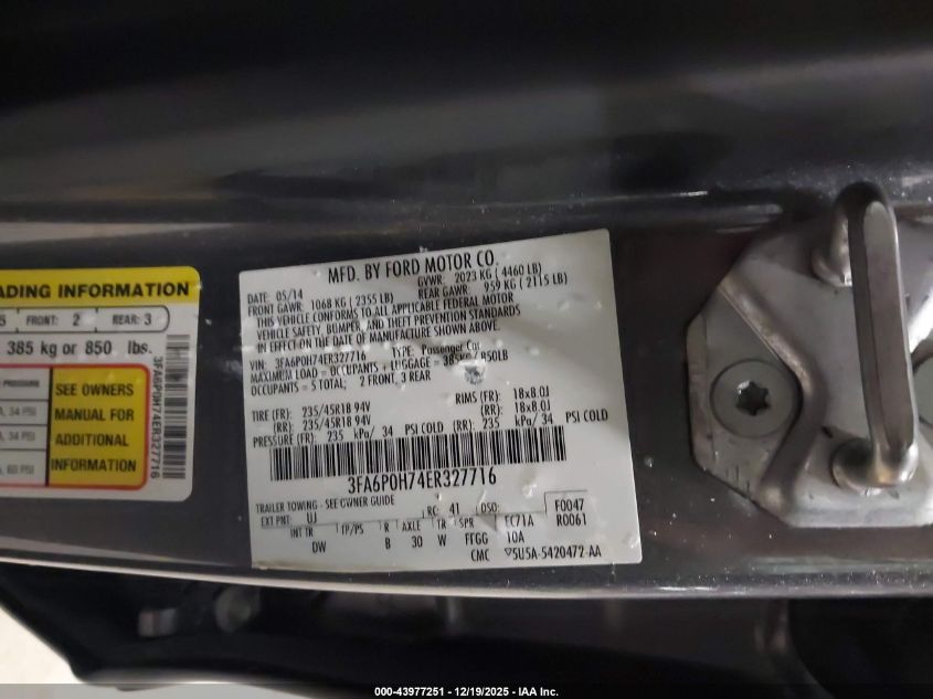 2014 Ford Fusion Se VIN: 3FA6P0H74ER327716 Lot: 43977251