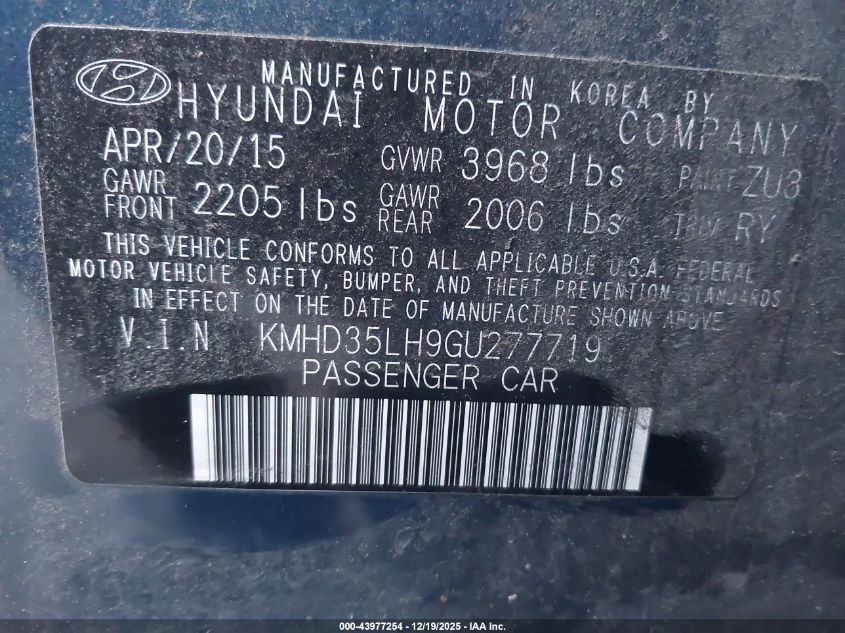 2016 Hyundai Elantra Gt VIN: KMHD35LH9GU277719 Lot: 43977254