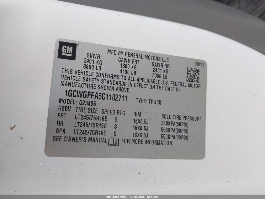 2012 Chevrolet Express 2500 Work Van VIN: 1GCWGFFA5C1102711 Lot: 43977256