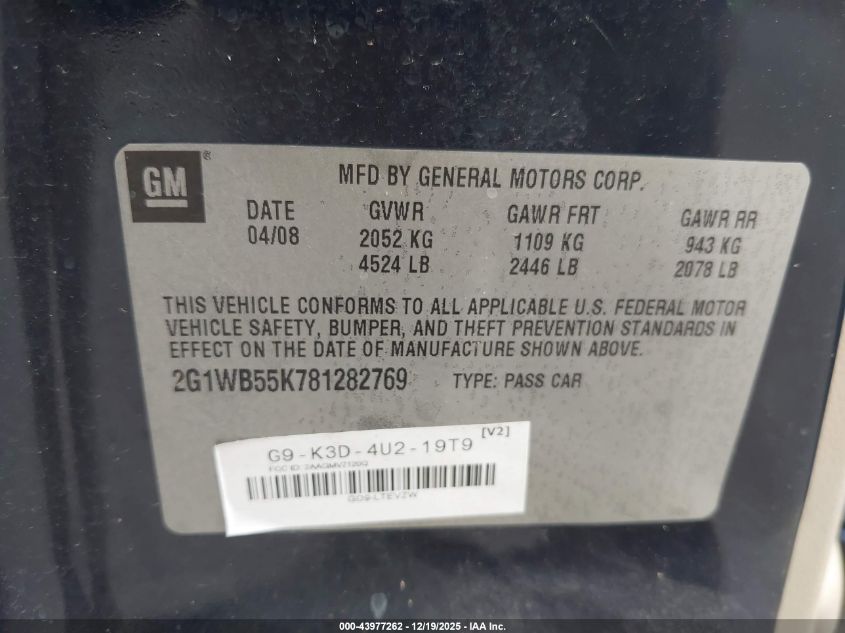 2008 Chevrolet Impala Ls VIN: 2G1WB55K781282769 Lot: 43977262