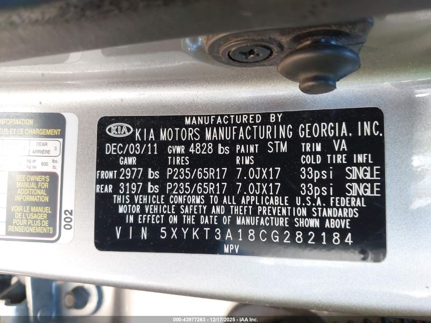 2012 Kia Sorento Lx VIN: 5XYKT3A18CG282184 Lot: 43977263