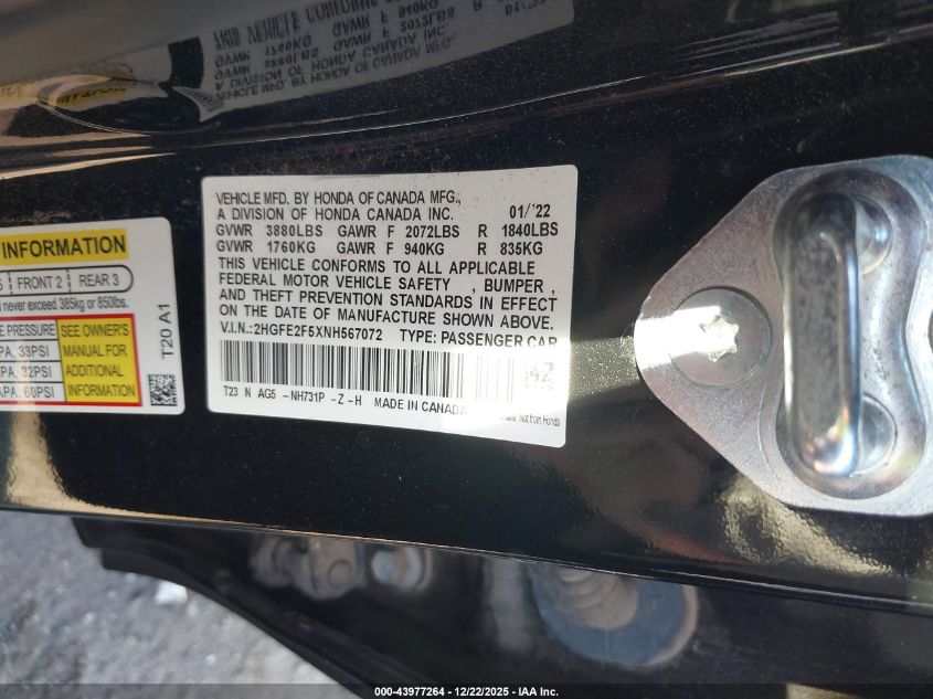 2022 Honda Civic Sport VIN: 2HGFE2F5XNH567072 Lot: 43977264