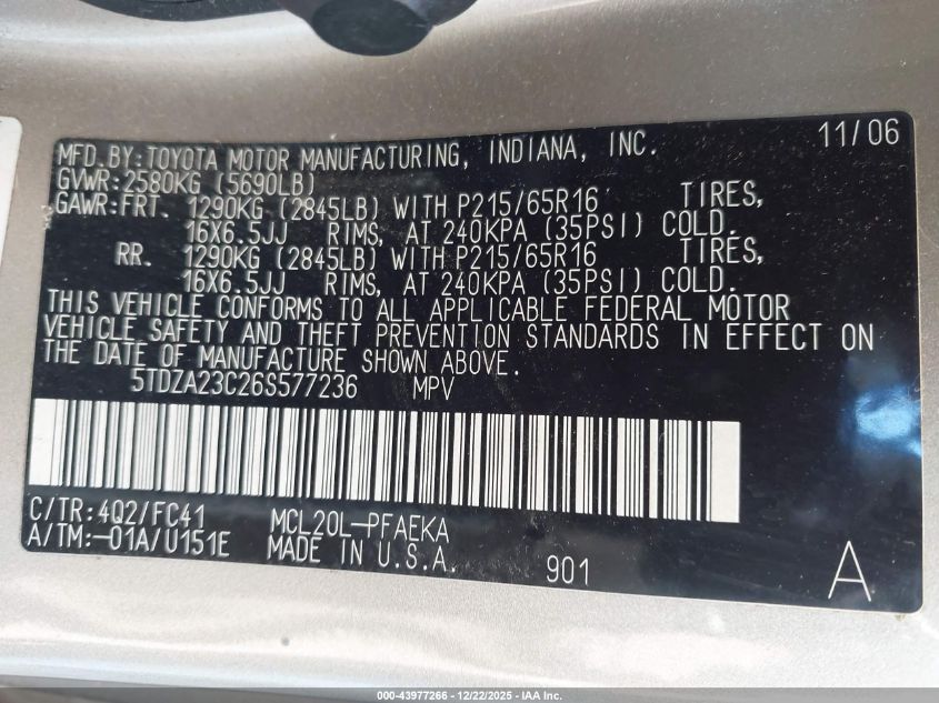 2006 Toyota Sienna Le VIN: 5TDZA23C26S577236 Lot: 43977266