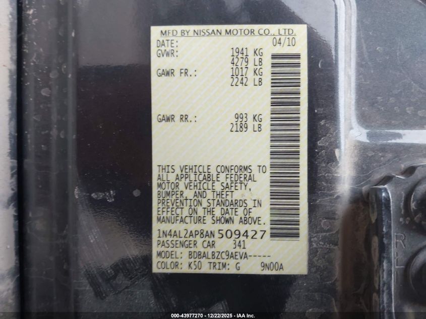 2010 Nissan Altima 2.5 S VIN: 1N4AL2AP8AN509427 Lot: 43977270