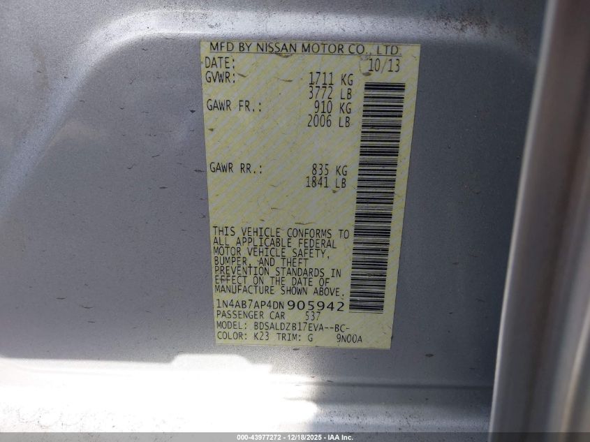 2013 Nissan Sentra Sv VIN: 1N4AB7AP4DN905942 Lot: 43977272