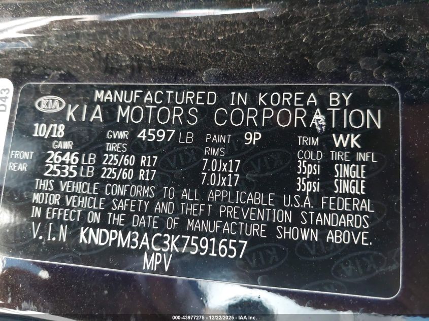 2019 Kia Sportage Lx VIN: KNDPM3AC3K7591657 Lot: 43977275