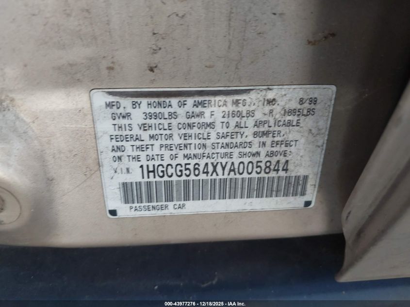 2000 Honda Accord 2.3 Lx VIN: 1HGCG564XYA005844 Lot: 43977276