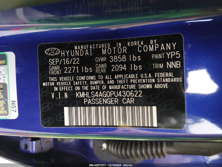 2023 Hyundai Elantra Sel VIN: KMHLS4AG0PU430622 Lot: 43977277