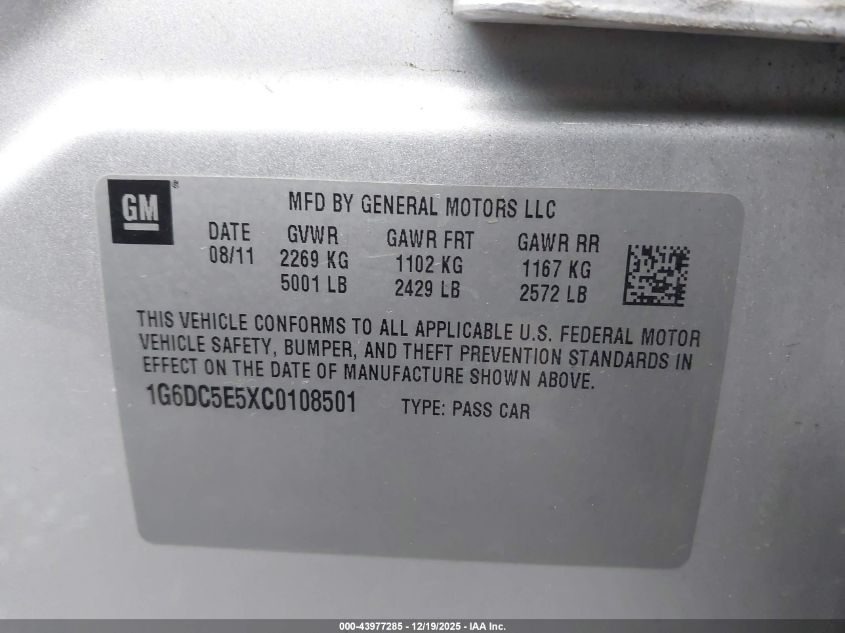 2012 Cadillac Cts Standard VIN: 1G6DC5E5XC0108501 Lot: 43977285