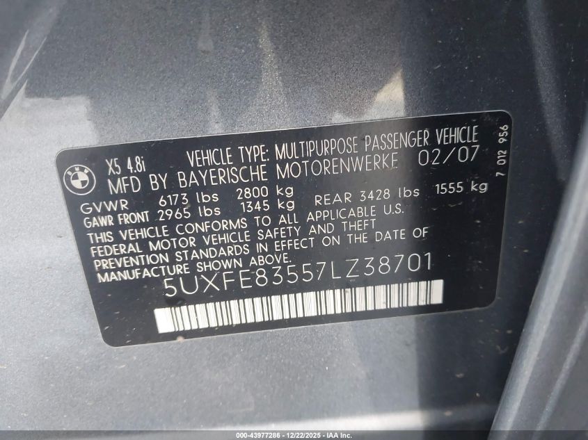 2007 BMW X5 4.8I VIN: 5UXFE83557LZ38701 Lot: 43977286